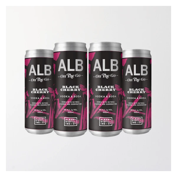 ALB On The Go 'Black Cherry' Vodka & Soda 4-355ml Cans 1 ALB On The Go 'Black Cherry' Vodka & Soda 4-355ml Cans
